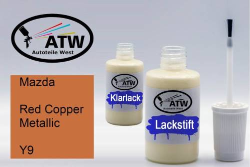 Mazda, Red Copper Metallic, Y9: 20ml Lackstift + 20ml Klarlack - Set, von ATW Autoteile West.